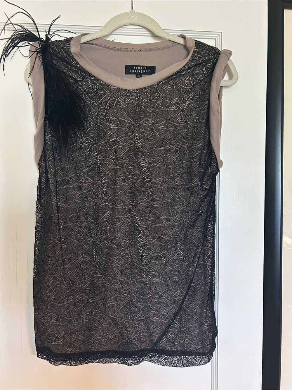 Robert Rodriguez Sheer Black Lace Overlay Top with Blush Trim
